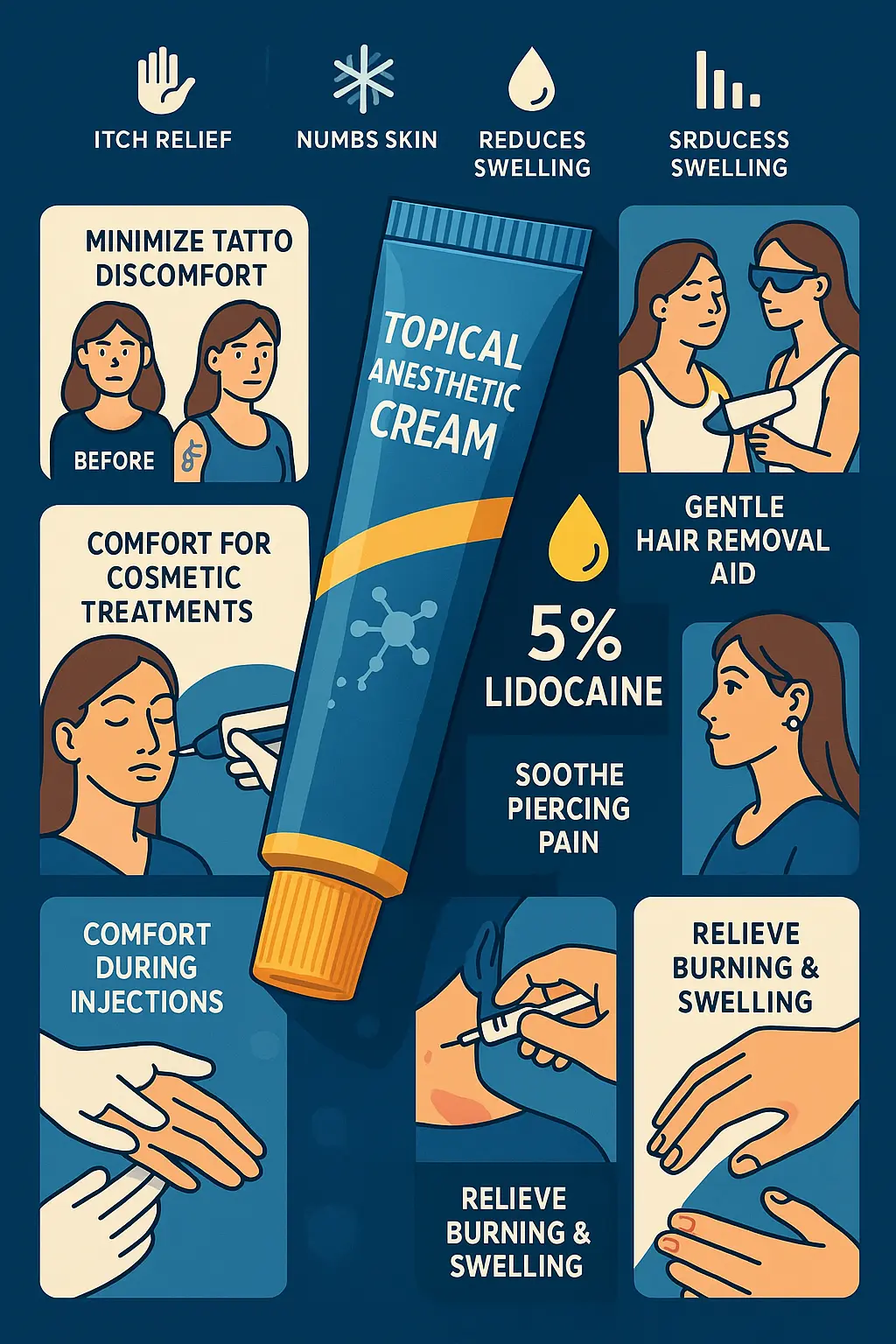 Topical anesthetic product infographic template with clinical visuals