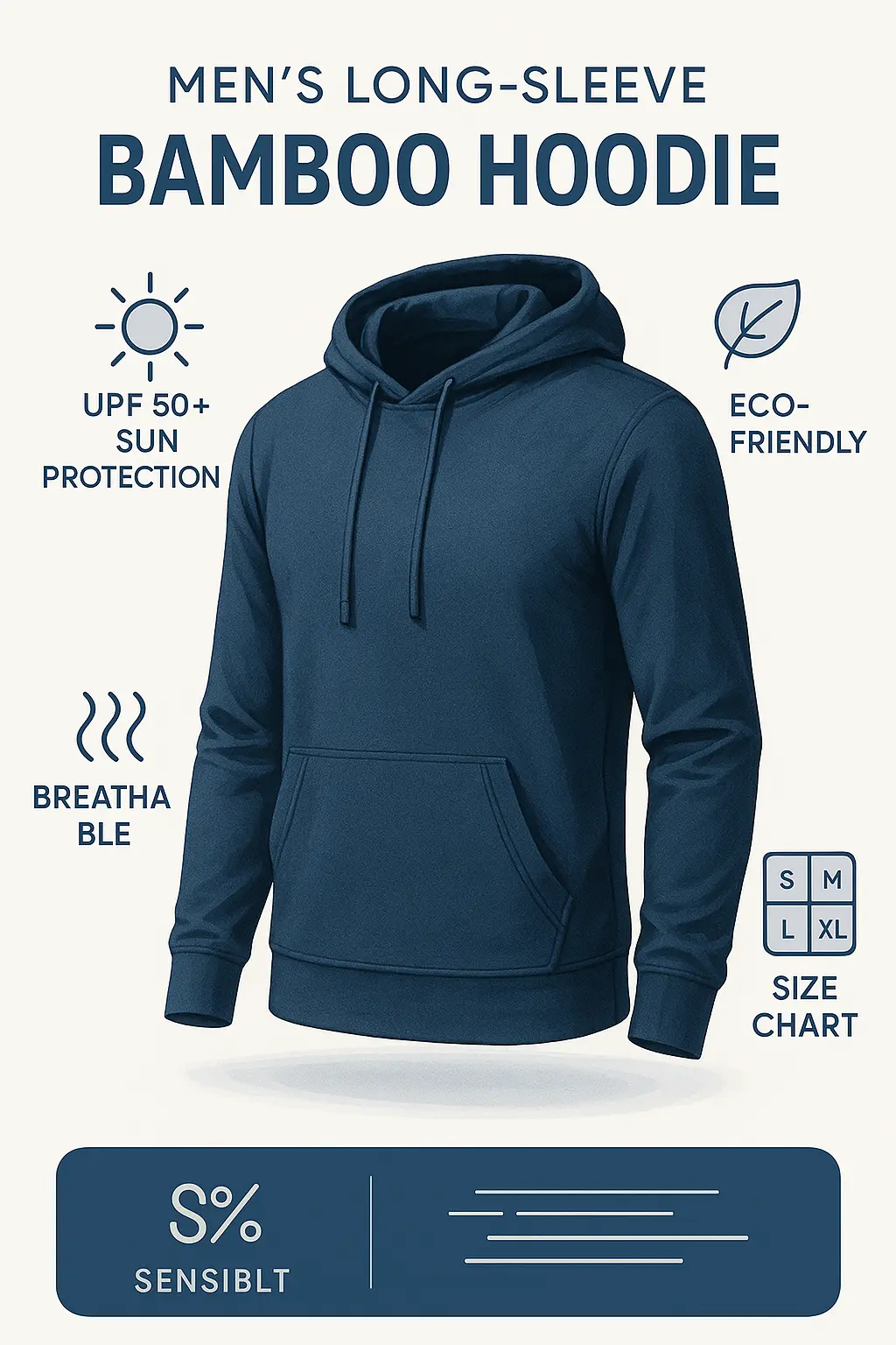 Product infographic template showcasing men's bamboo hoodie with sun protection features