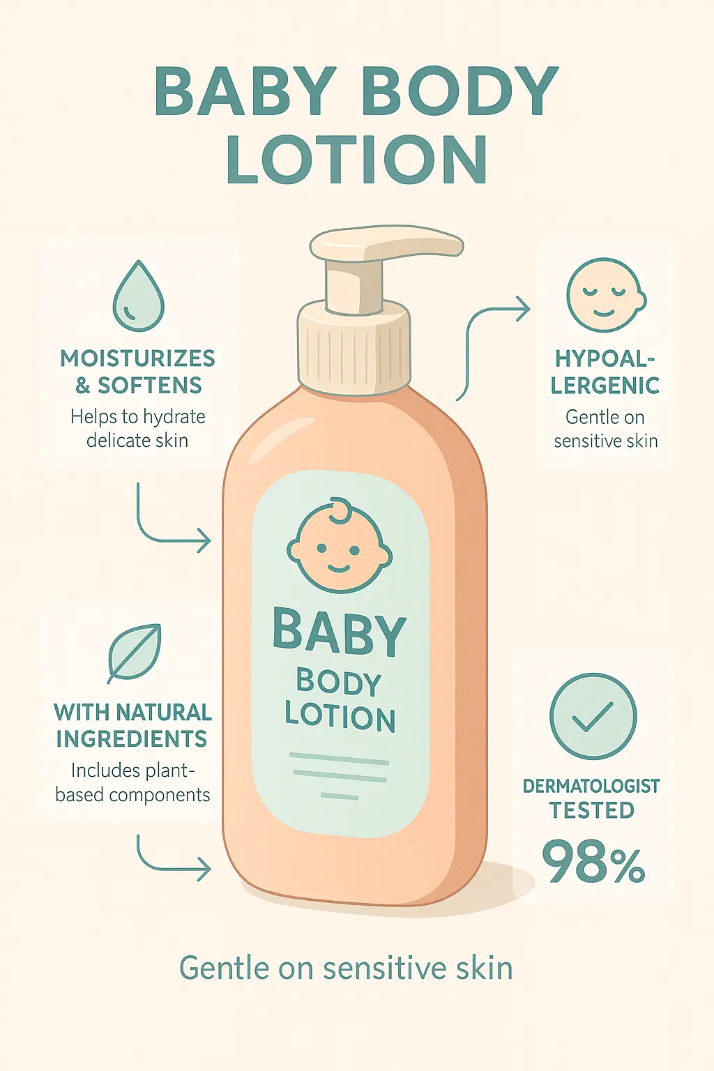Product infographic template featuring baby lotion with benefits and features