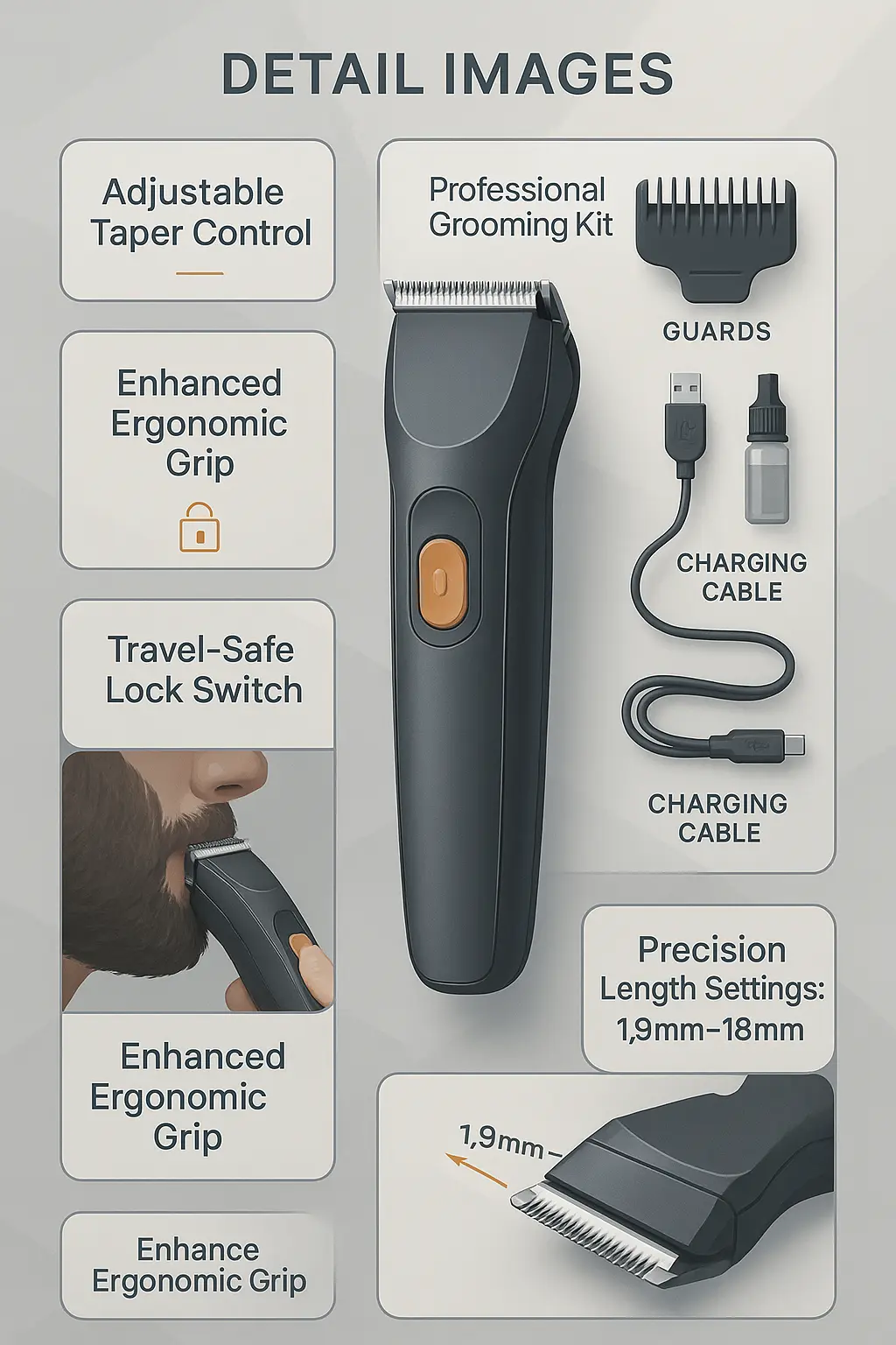 Electric grooming product infographic template with labeled features