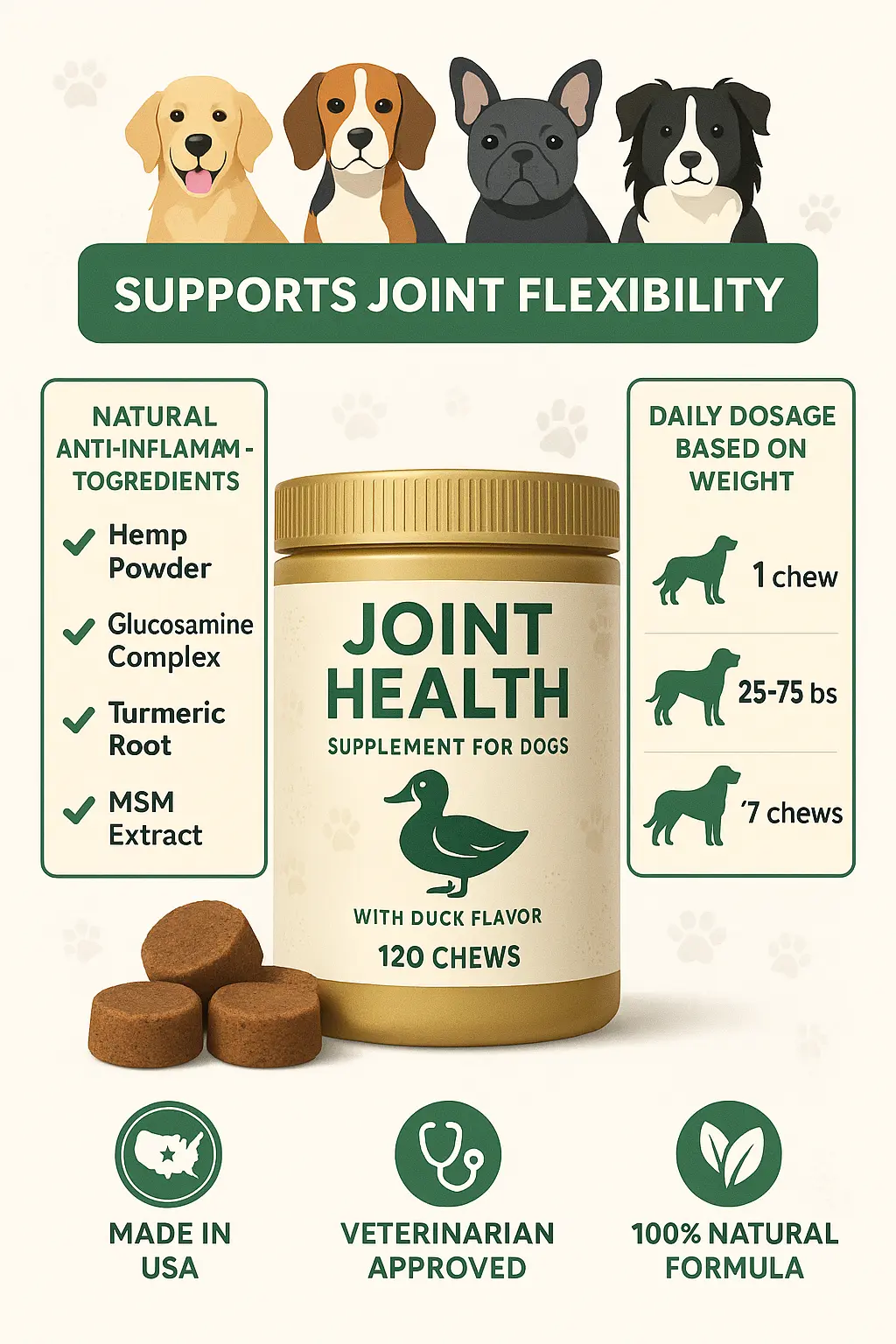 Dog joint supplement product infographic template with ingredient callouts