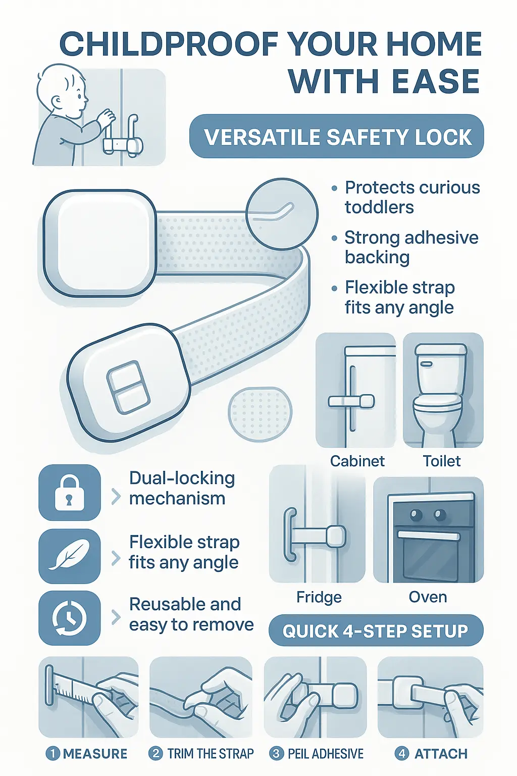 Childproof safety latch product infographic template in modern blue layout