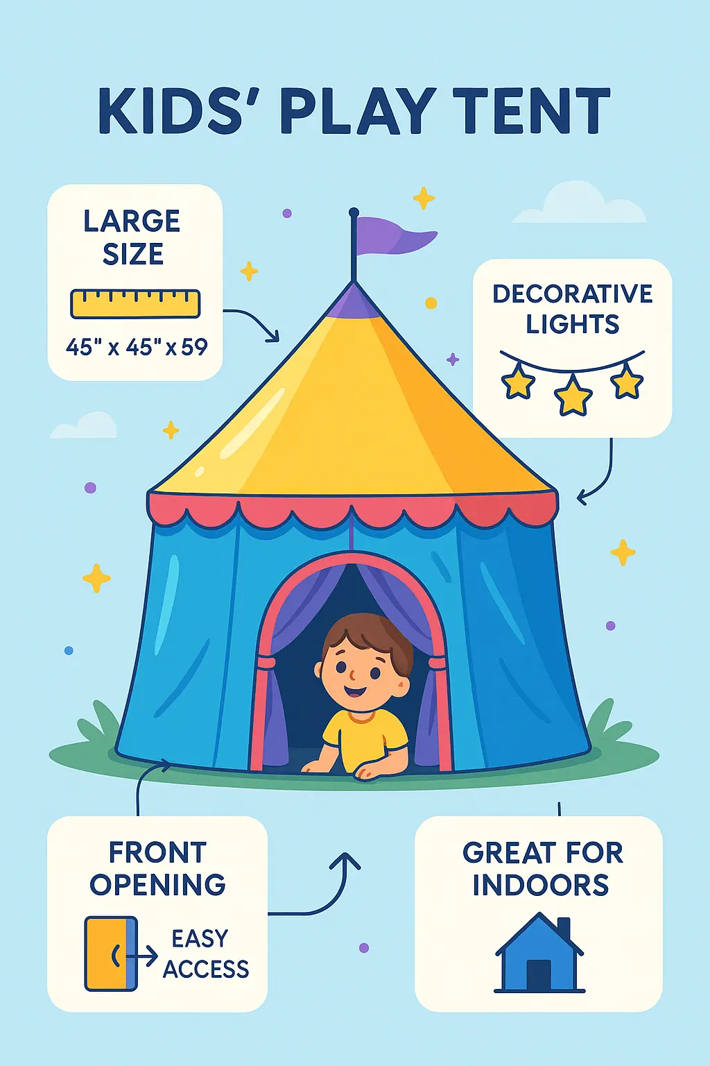 Kids play tent product infographic template with feature highlights