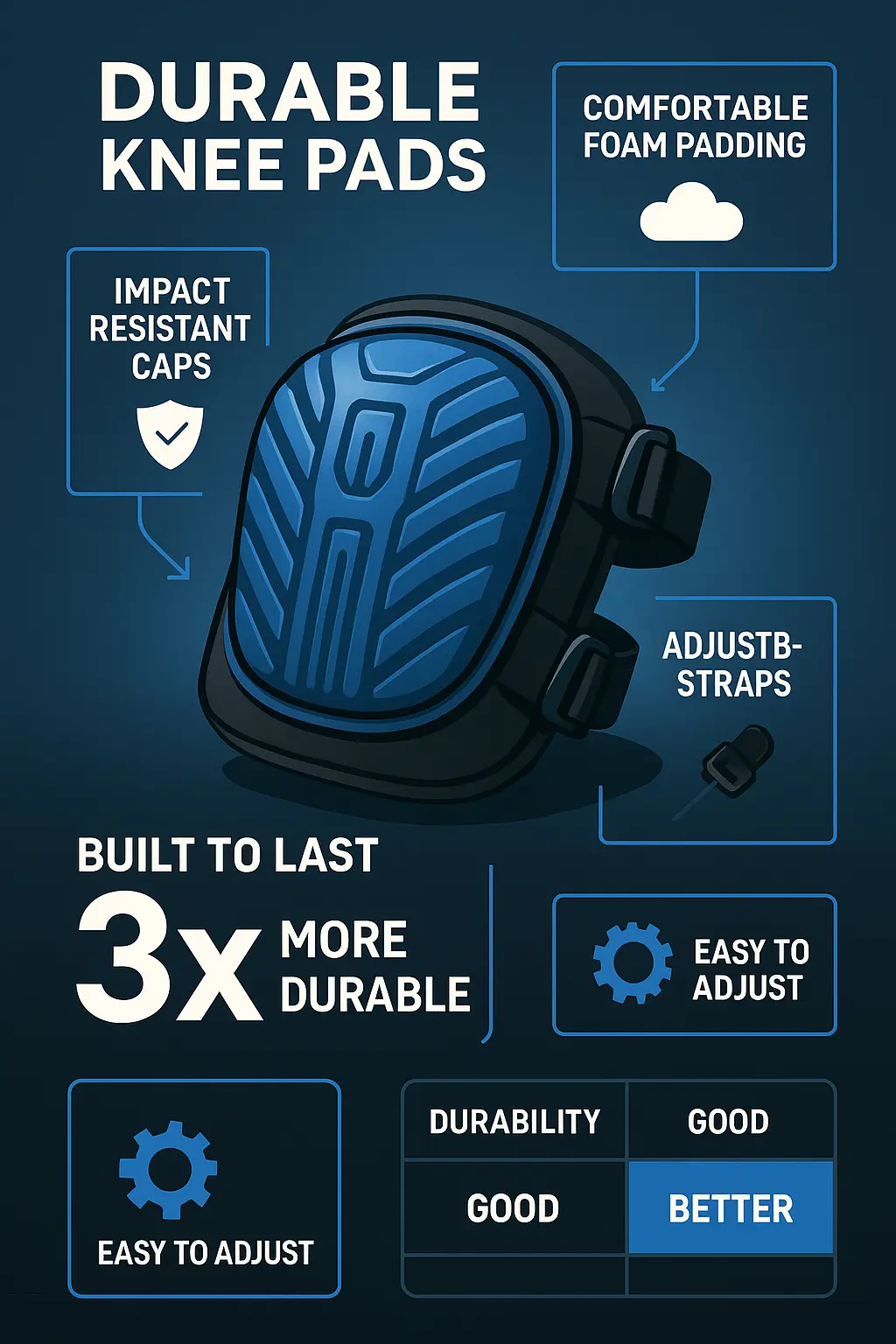 Product infographic template showing knee pads with feature icons and benefits