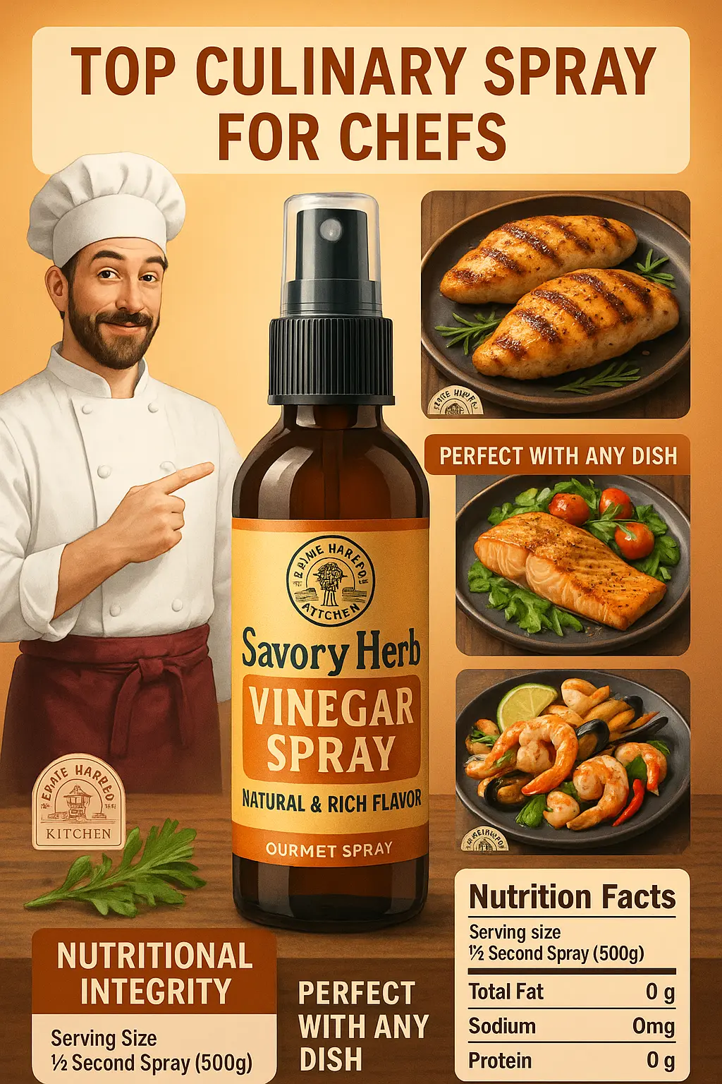 Gourmet vinegar spray product infographic template with food visuals