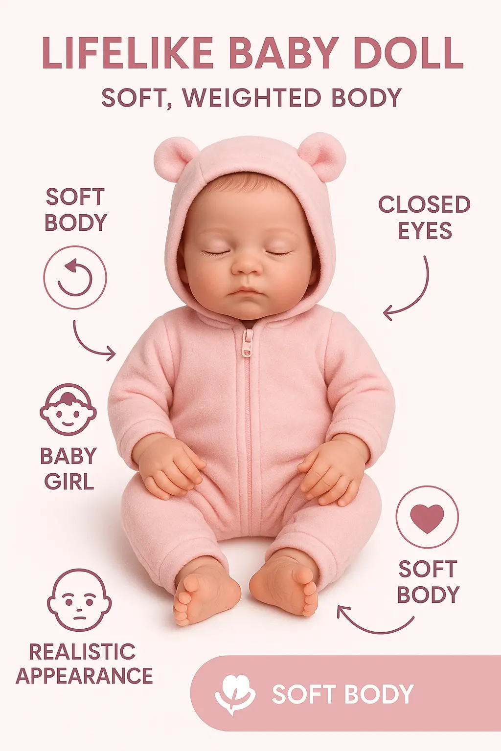 Product infographic template featuring lifelike baby doll with soft body