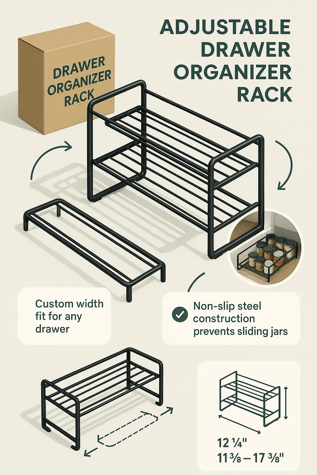 Modern product infographic template of adjustable drawer organizer