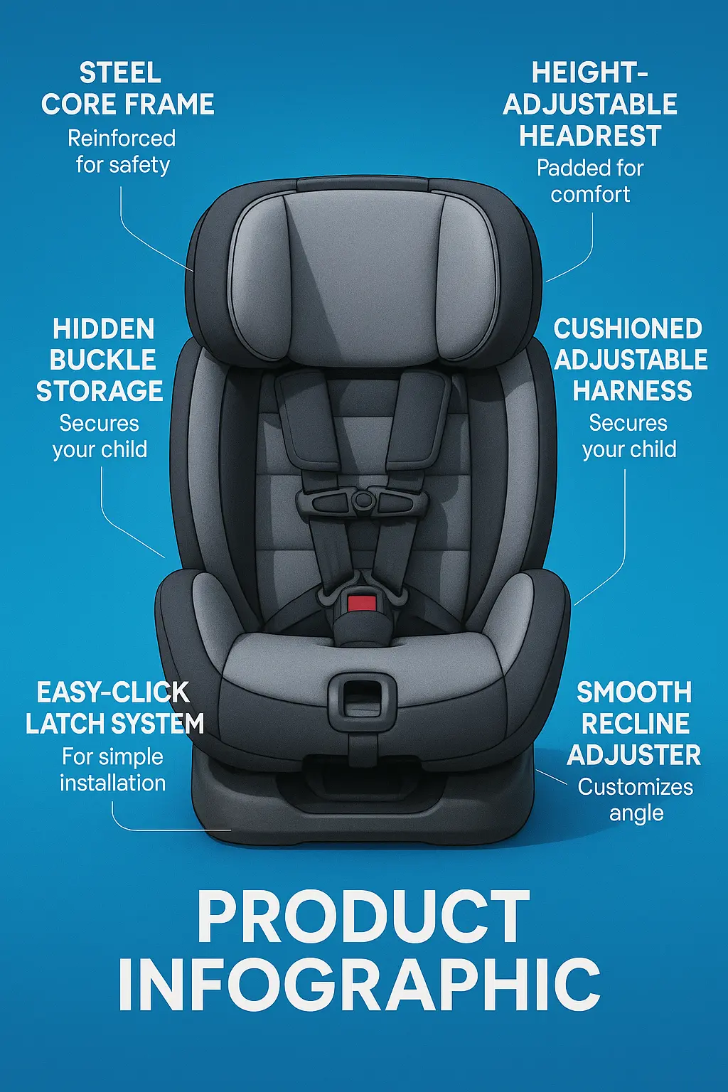 Convertible car seat product infographic template with feature highlights