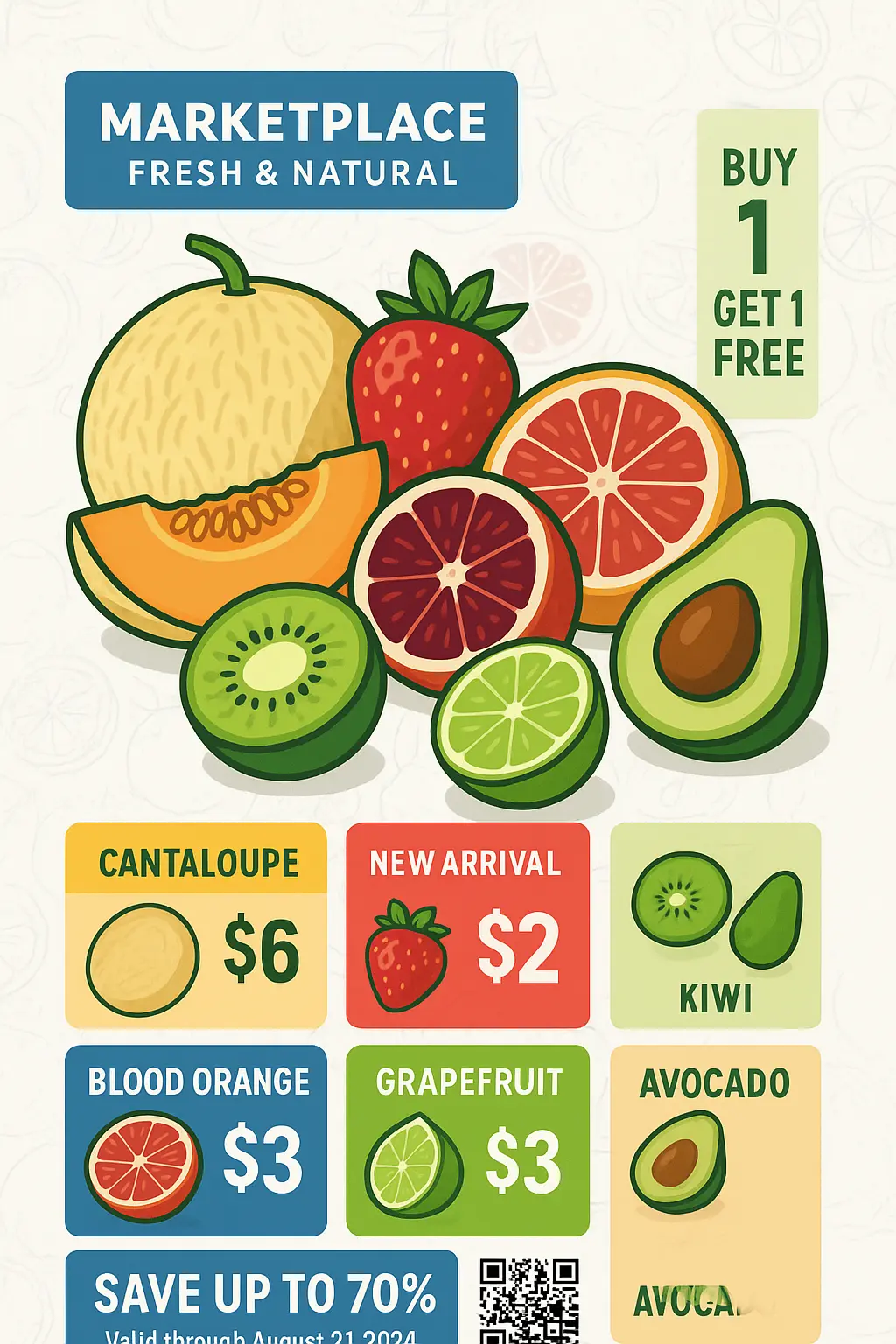 Colorful product infographic template featuring fresh fruit deals