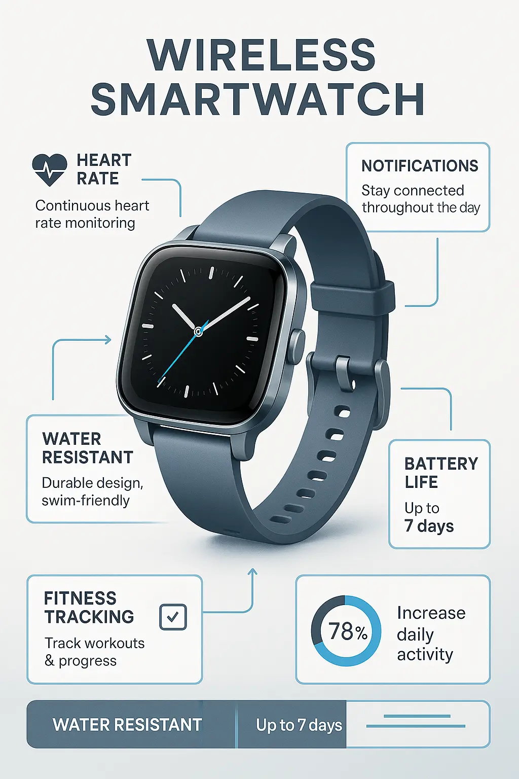 Wireless smartwatch product infographic template with icons and features