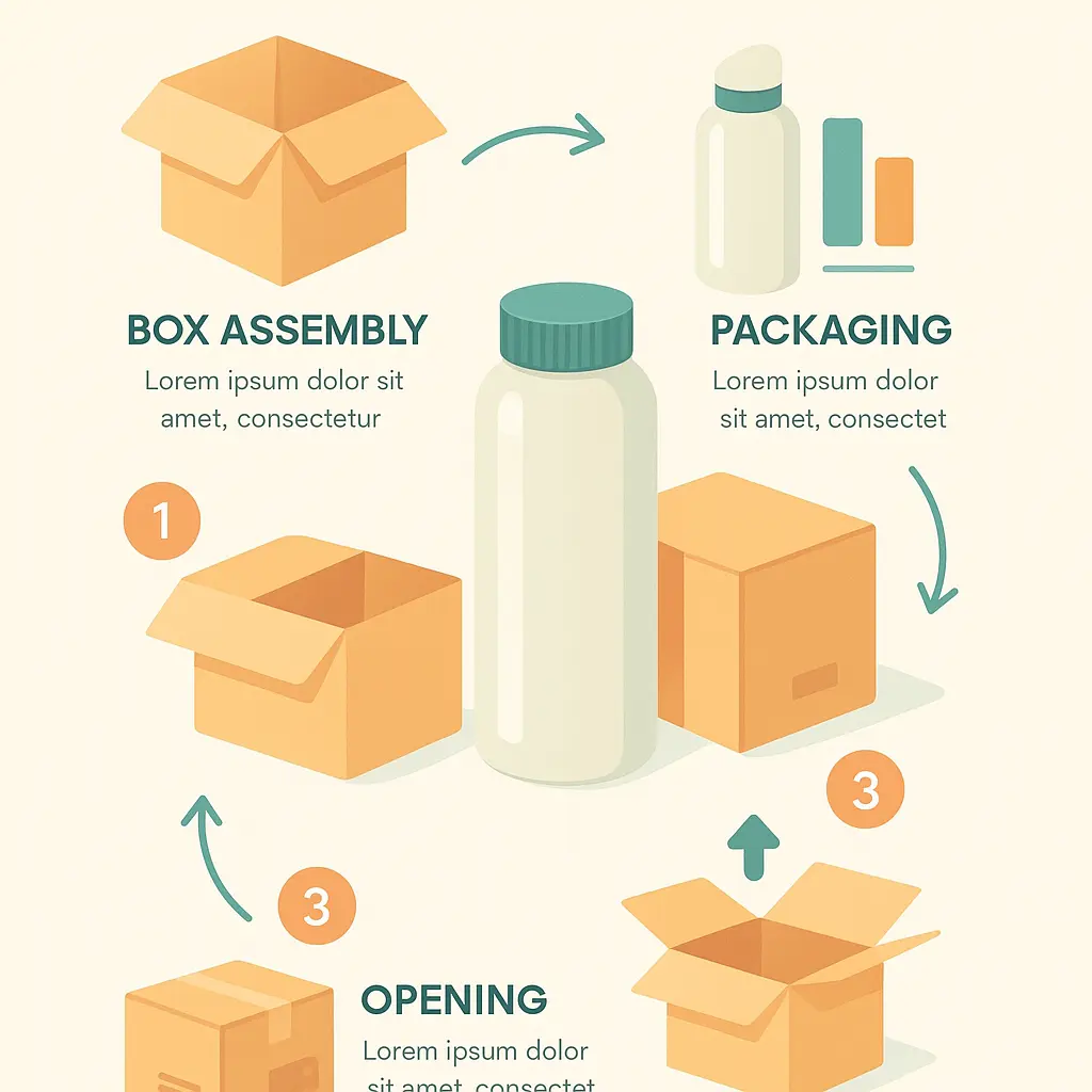 Product infographic template showing four-step process with packaging illustrations