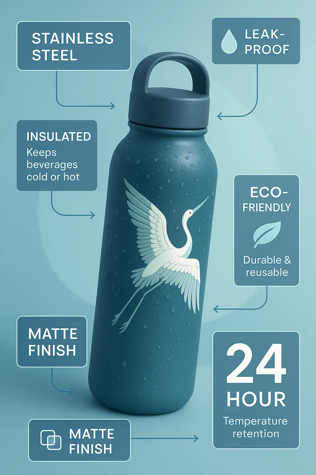 Stylized water bottle product infographic template with crane design
