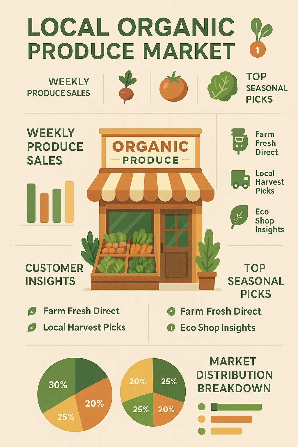 Organic produce product infographic template with charts and icons