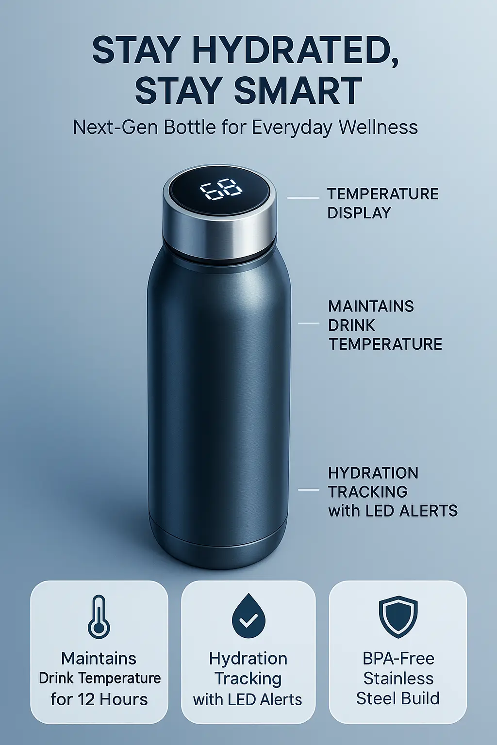 Smart water bottle product infographic template with feature icons