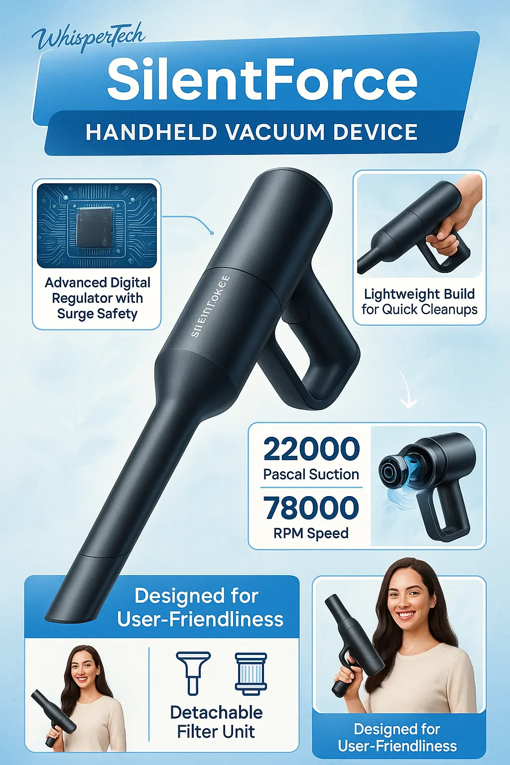 Cordless vacuum product infographic template with modern blue layout