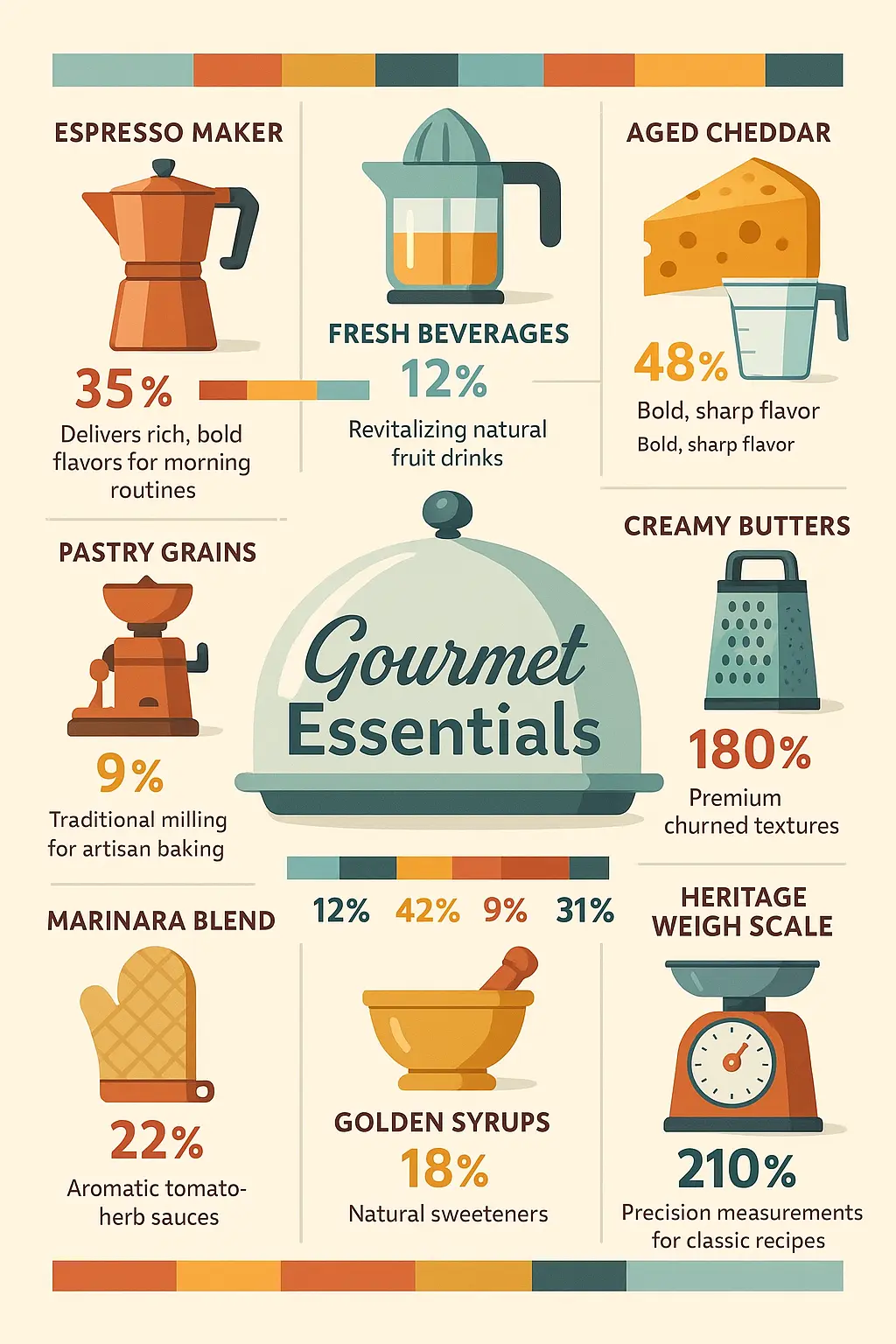 Colorful product infographic template with gourmet kitchen tools.