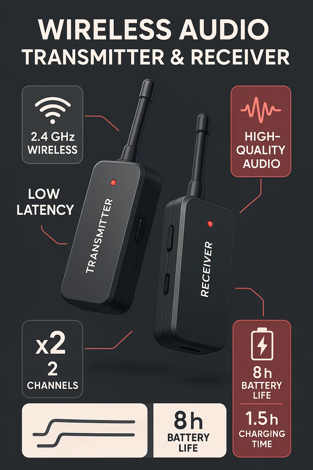 Product infographic template showcasing wireless audio transmitter and receiver system