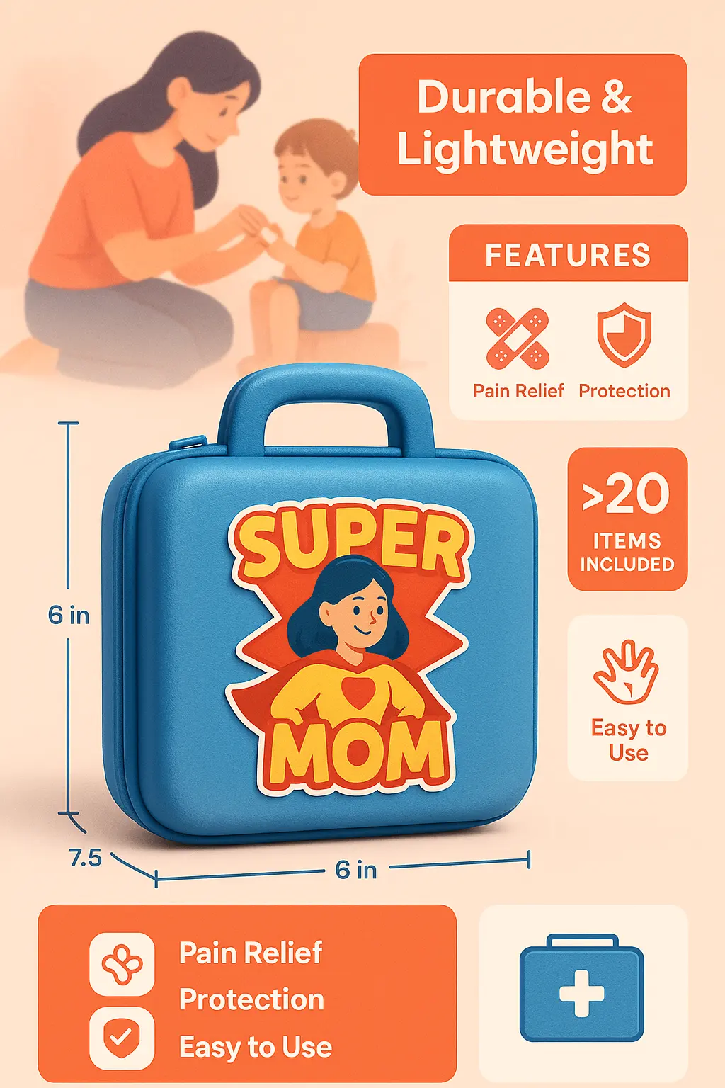 Product infographic template for 'Super Mom' first-aid case