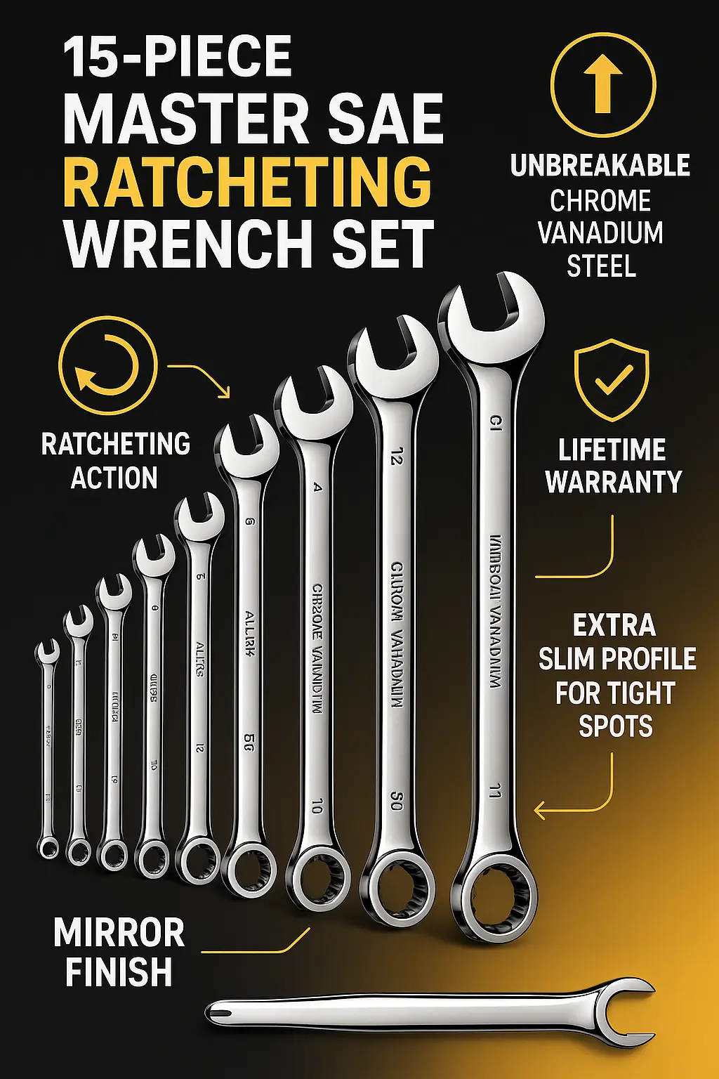 15-piece SAE ratcheting wrench set product infographic template