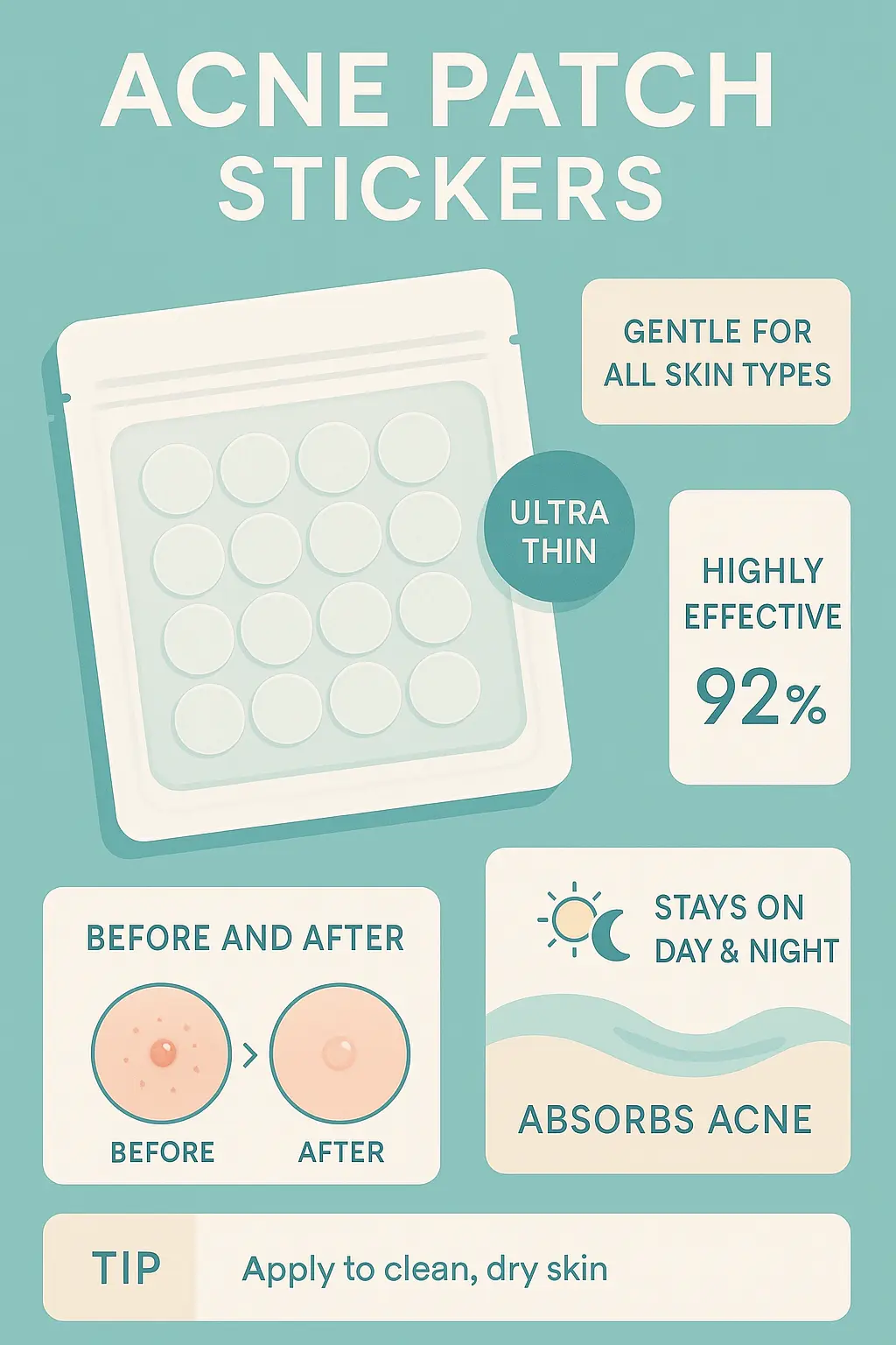 Acne patch product infographic template with benefits and comparison.