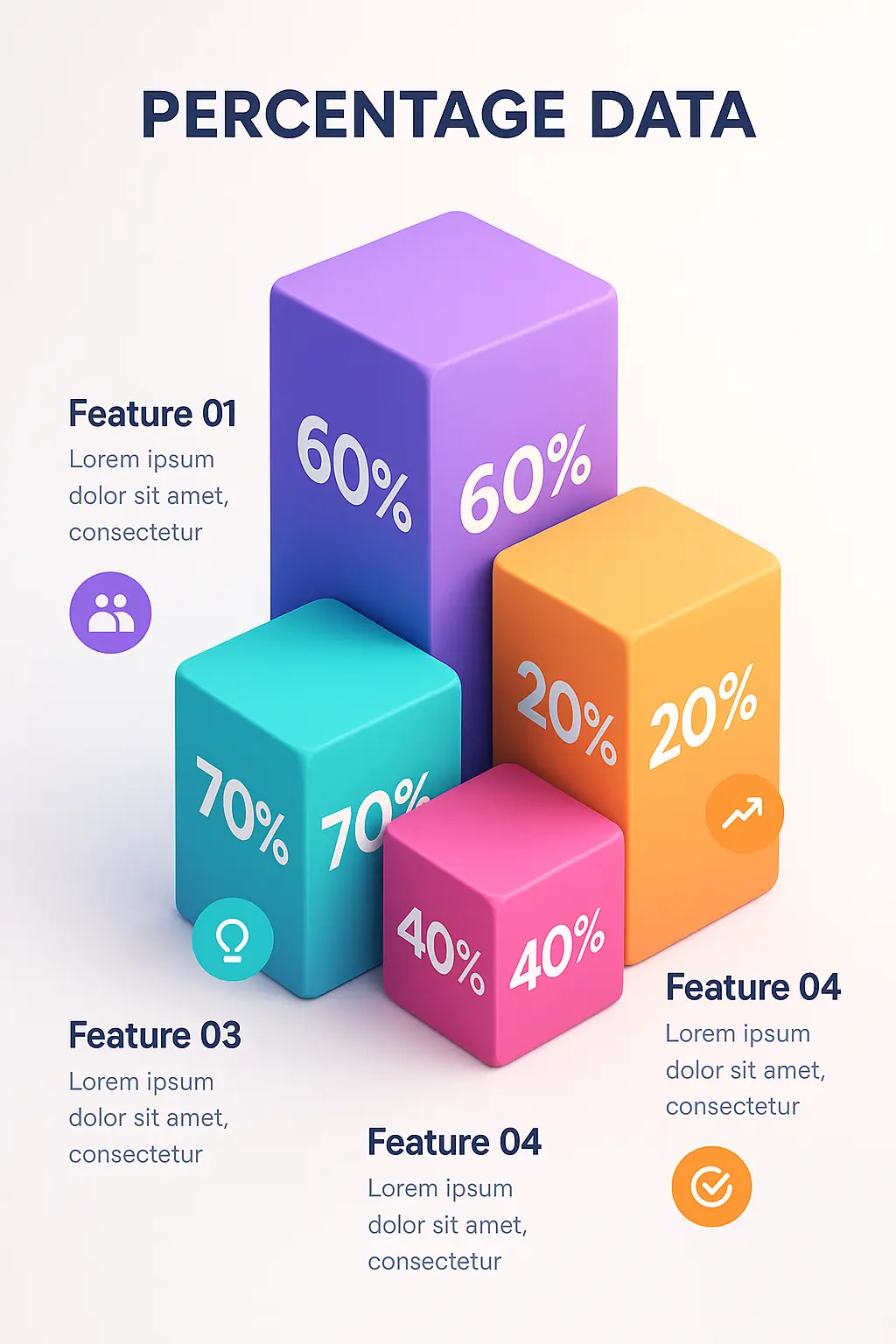 Colorful product infographic template with 3D percentage blocks and icons