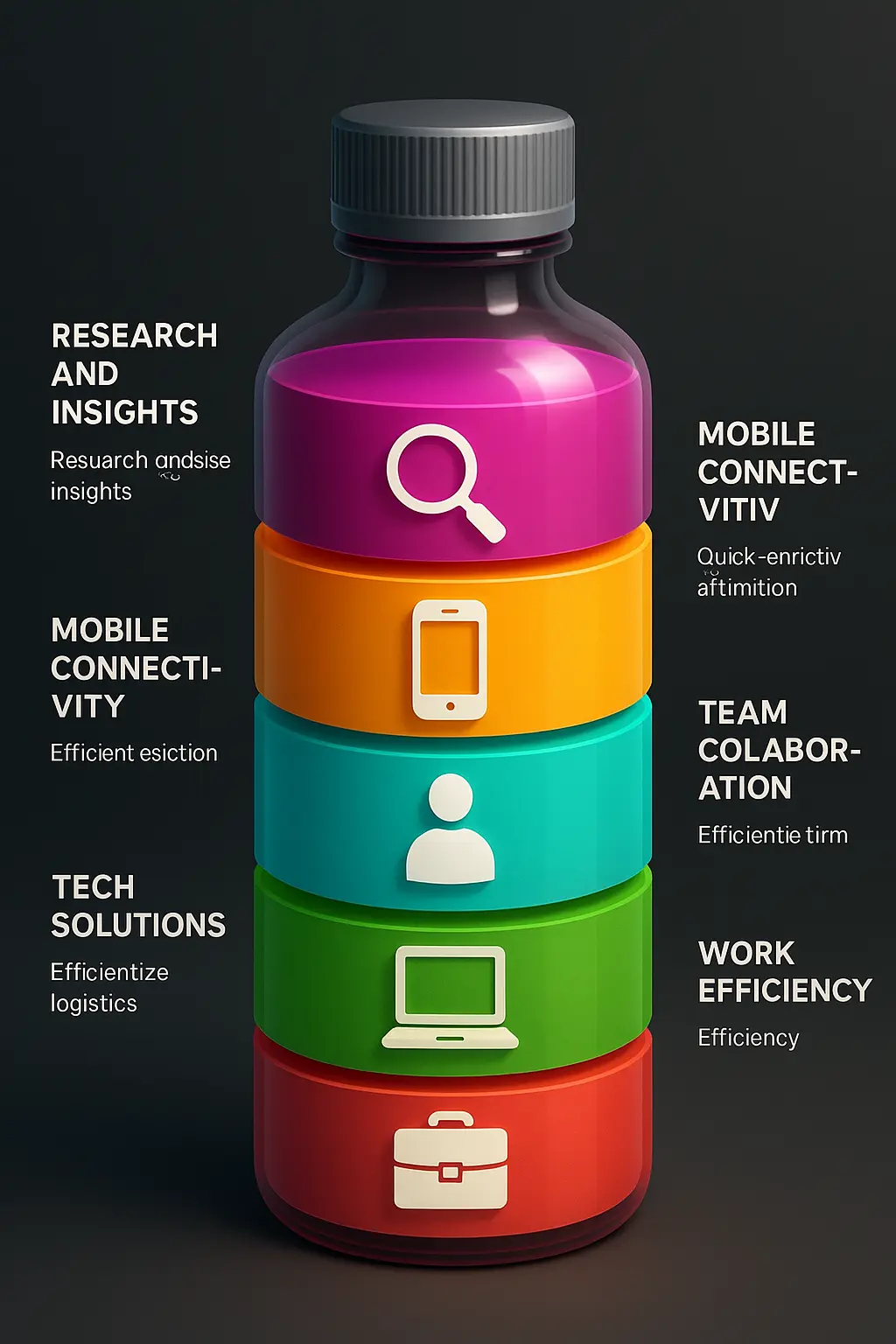 Product infographic template with a colorful layered bottle design