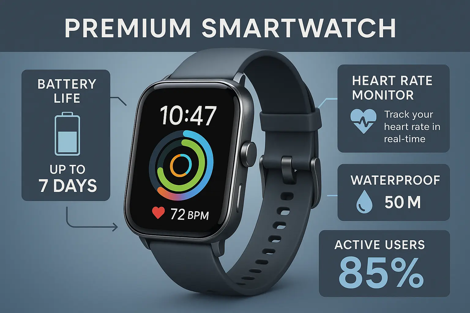 Product infographic template featuring a colorful beverage bottle with feature callouts.