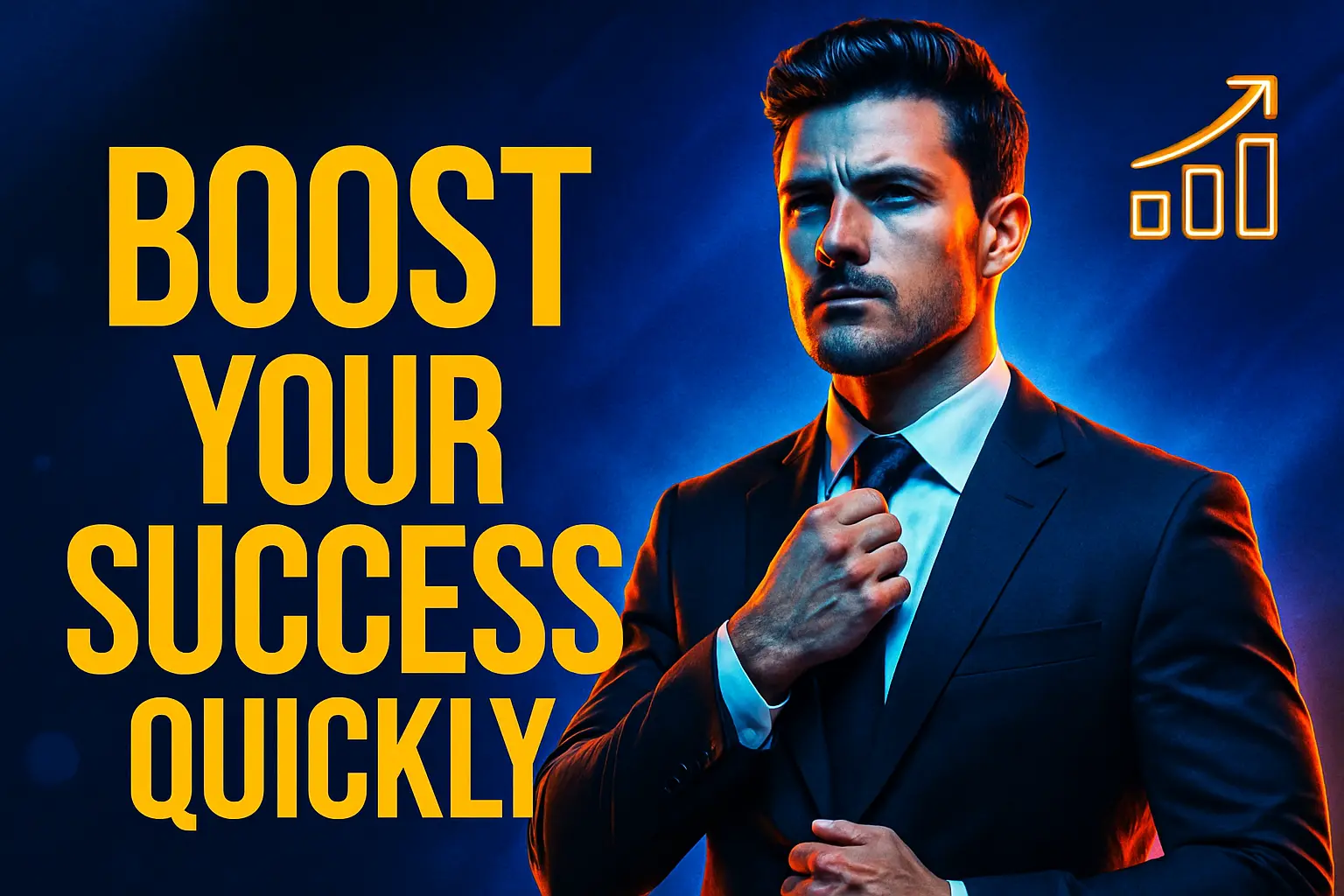 Motivational YouTube Thumbnail template with confident man in suit and bold text