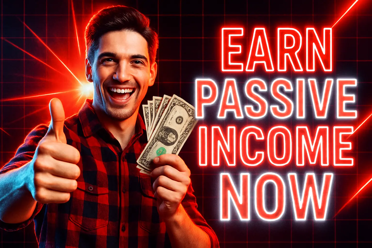 Motivational YouTube Thumbnail template with confident person holding money and glowing text