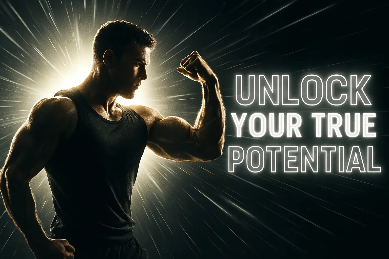 Motivational YouTube Thumbnail template with athlete flexing and glowing text