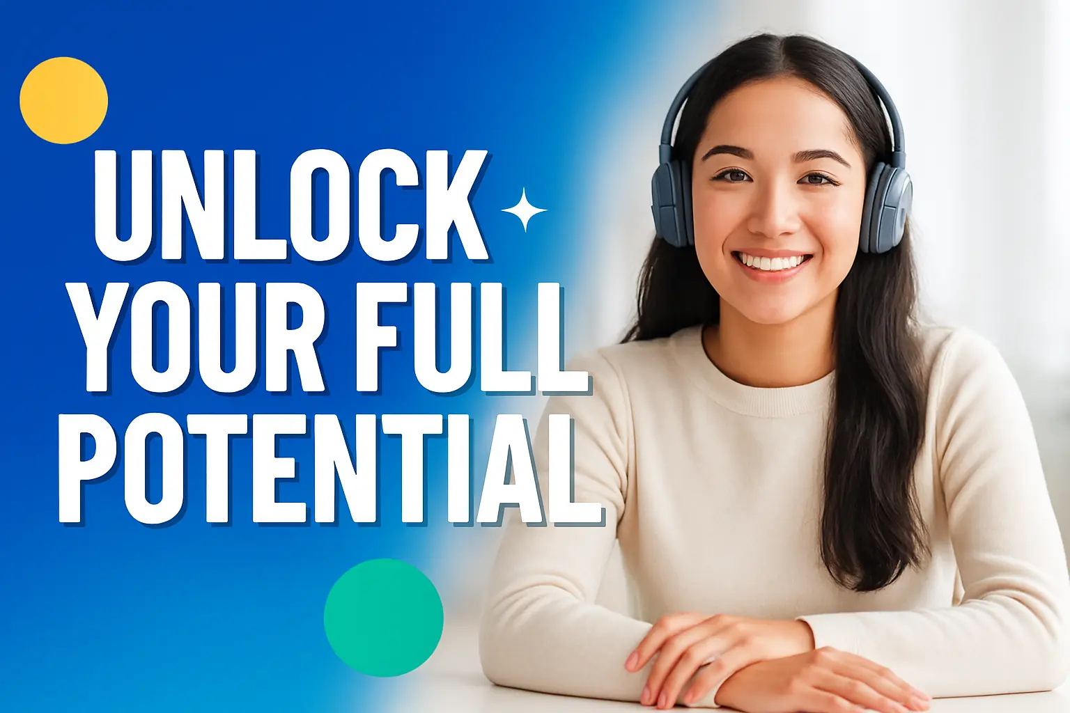Motivational YouTube Thumbnail template with confident woman and 'UNLOCK YOUR FULL POTENTIAL' text