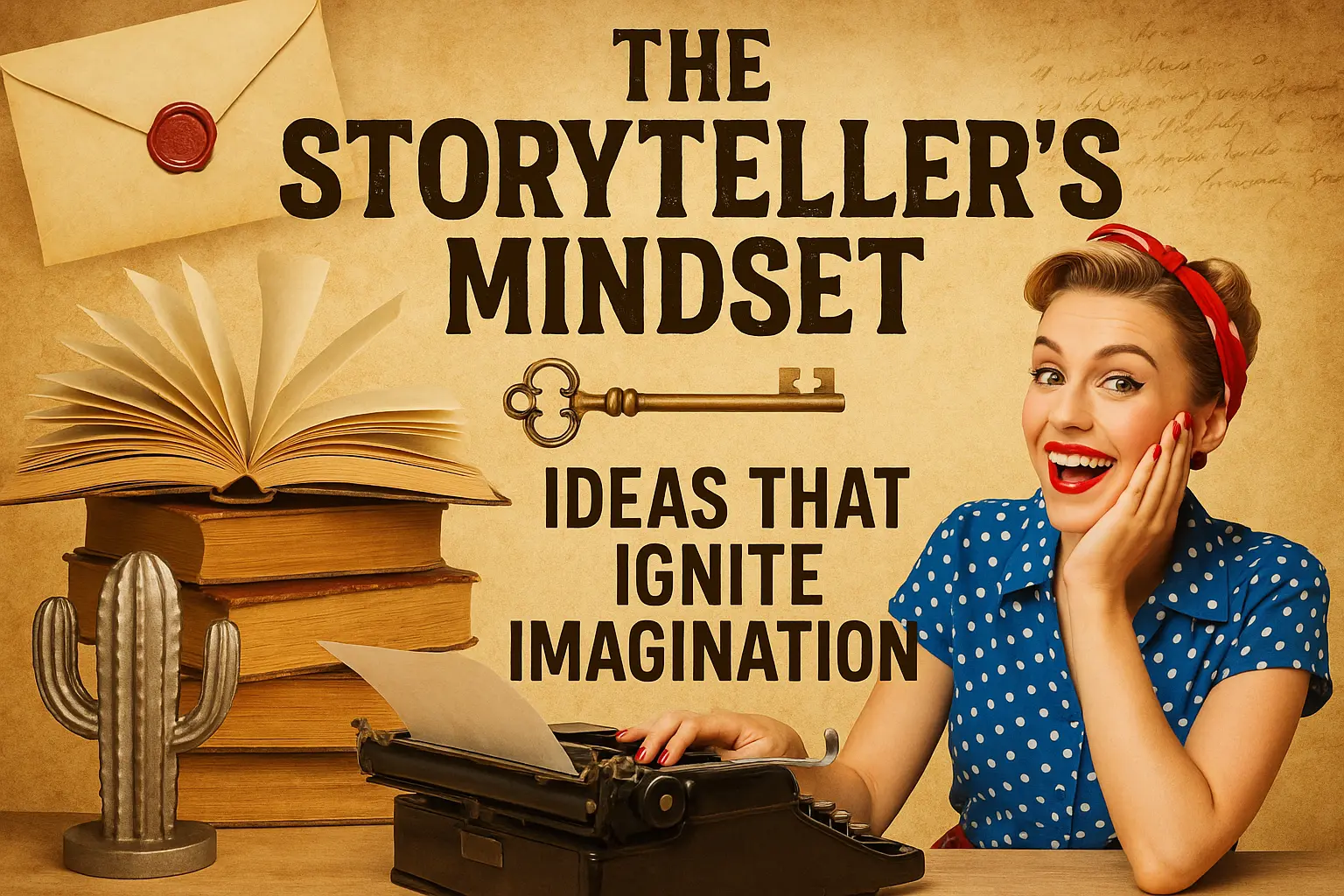 Motivational YouTube Thumbnail template with joyful writer and vintage typewriter