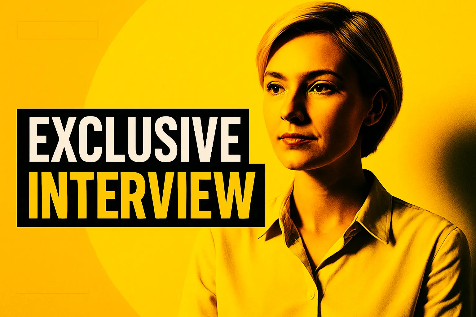 News YouTube Thumbnail template featuring an exclusive interview with a calm woman in a light blouse against a yellow background