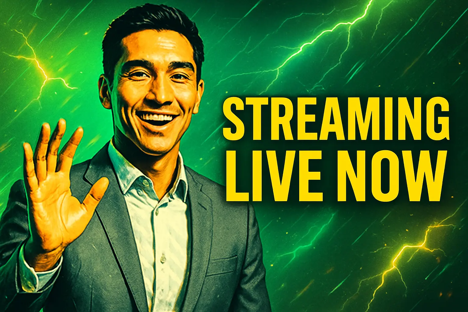 News YouTube Thumbnail template with confident man in a suit, bright green background, and 'STREAMING LIVE NOW' headline