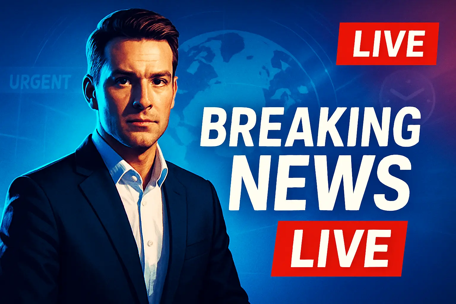 News YouTube Thumbnail template with anchor, 'BREAKING NEWS LIVE' text