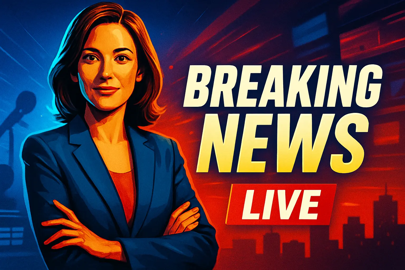 News YouTube Thumbnail template with a confident news anchor in a blue blazer and 'Breaking News' headline