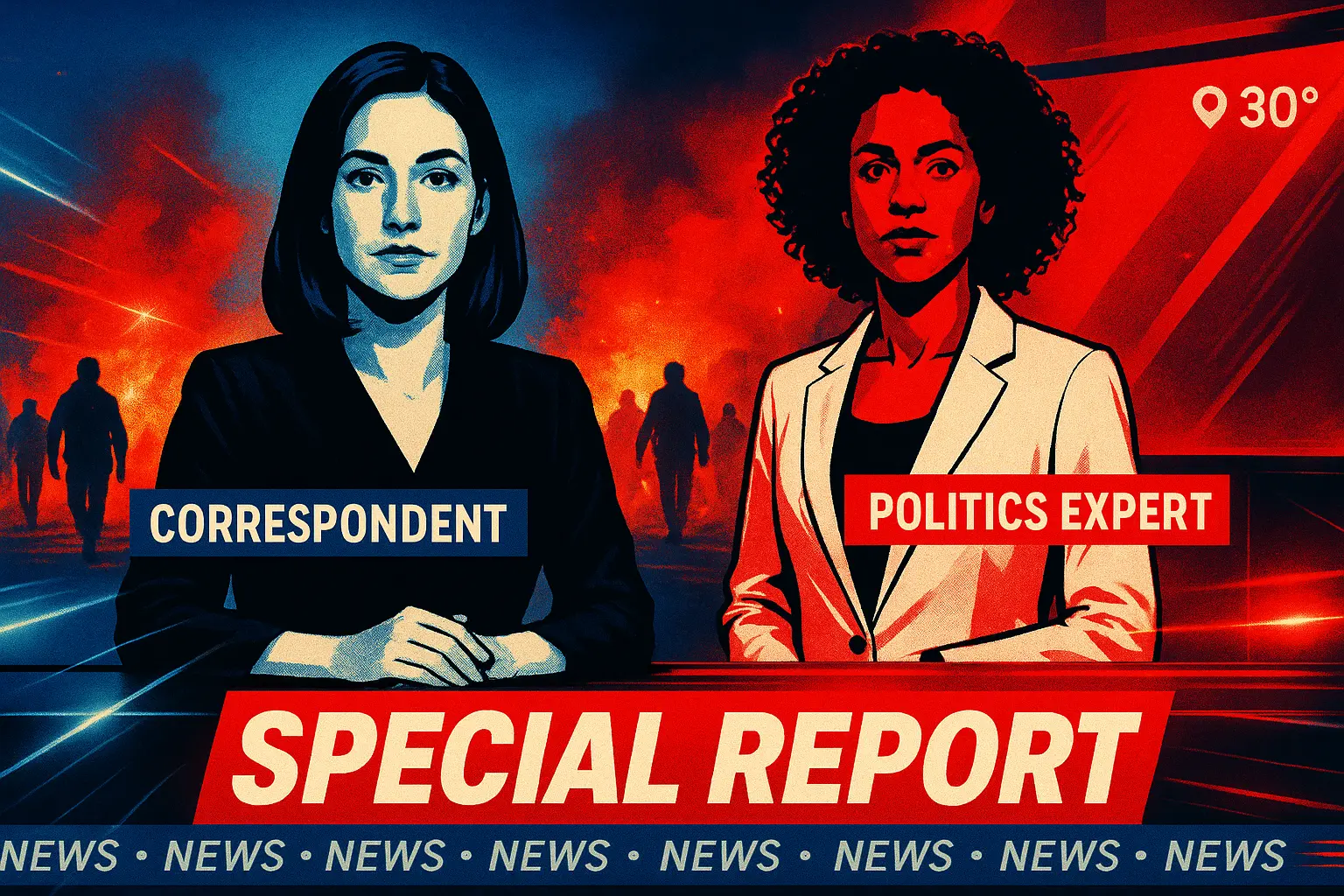 News YouTube Thumbnail template with anchor and expert in news studio, fiery background.