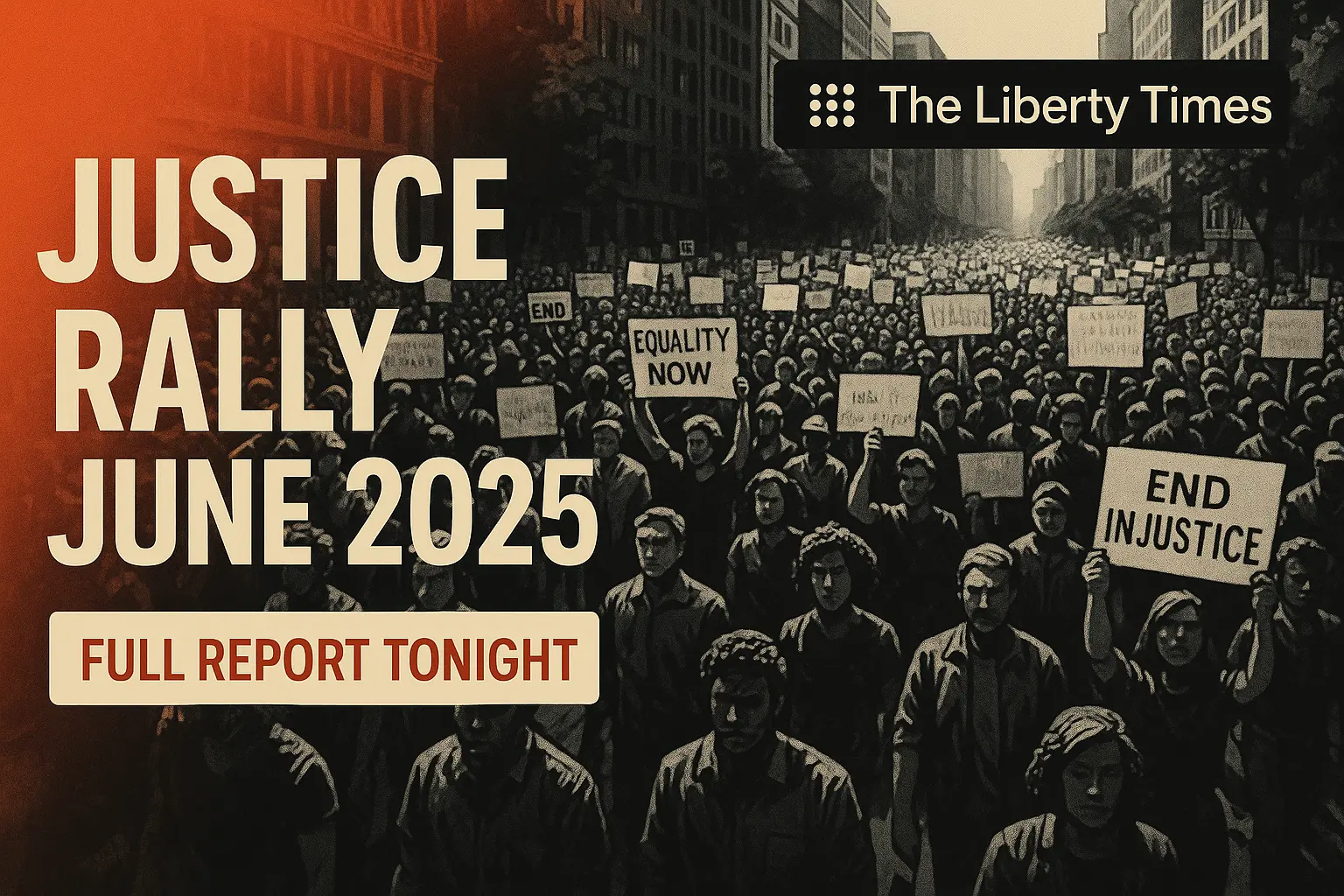 News YouTube Thumbnail template showing crowded protest with bold headline