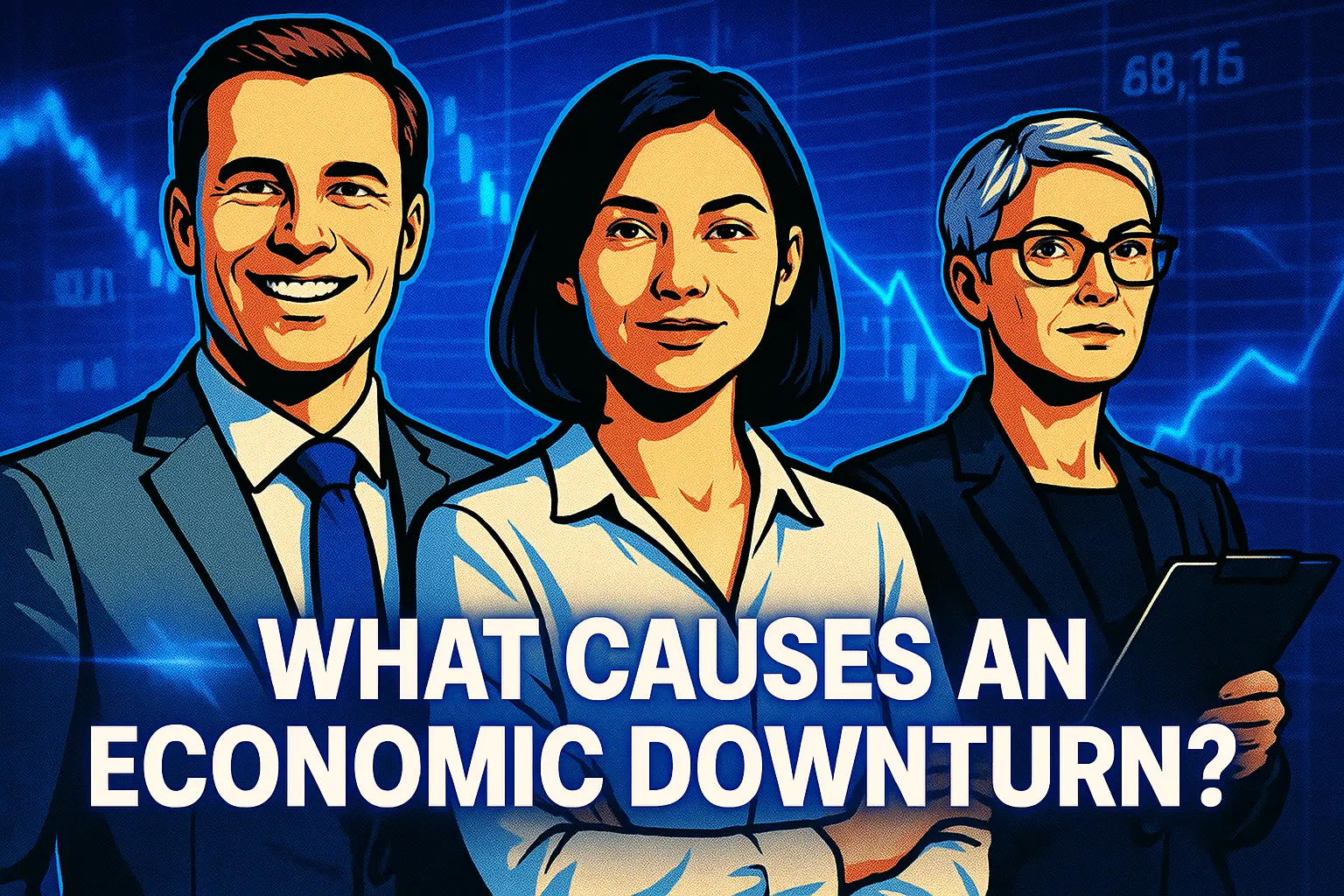 News YouTube Thumbnail template featuring three professionals with financial background