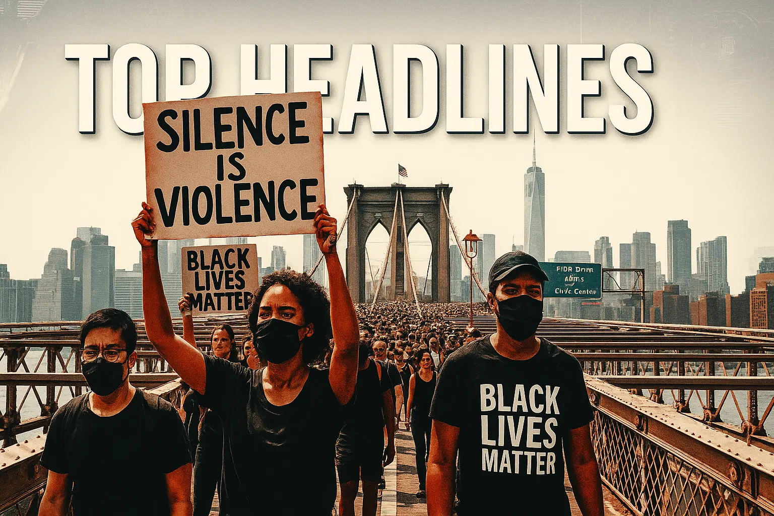 News YouTube Thumbnail template with protest scene on Brooklyn Bridge