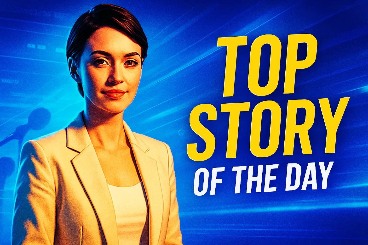 News YouTube Thumbnail template featuring a confident news anchor with a blue gradient background.