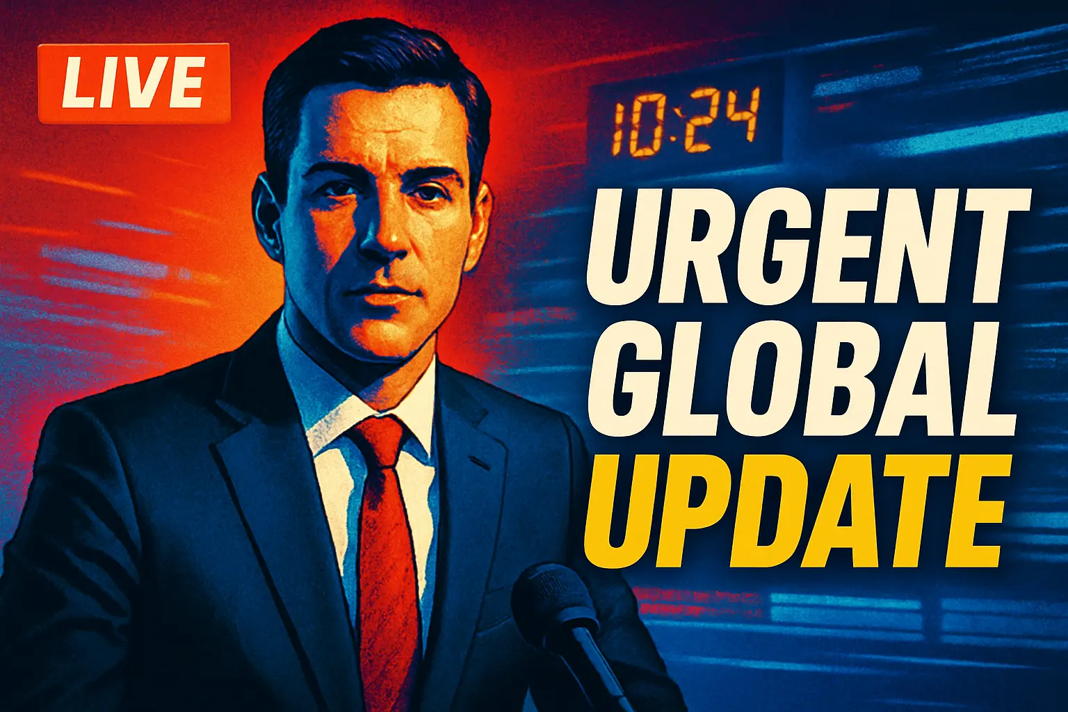 News YouTube Thumbnail template featuring urgent global update with news anchor.