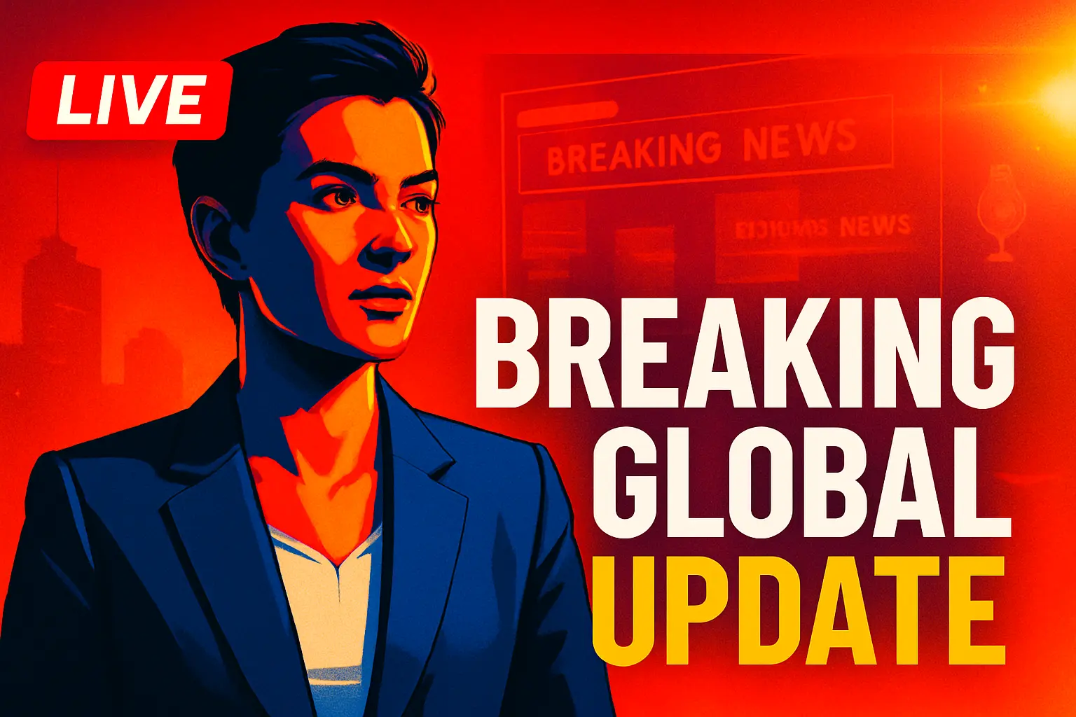 News YouTube Thumbnail template with news anchor, bold headline, and urgent 'LIVE' banner