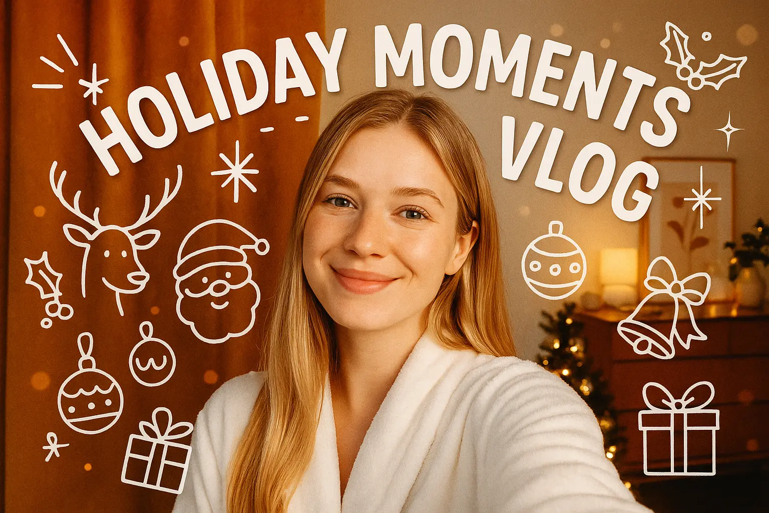 Festive Christmas YouTube thumbnail template with smiling woman selfie