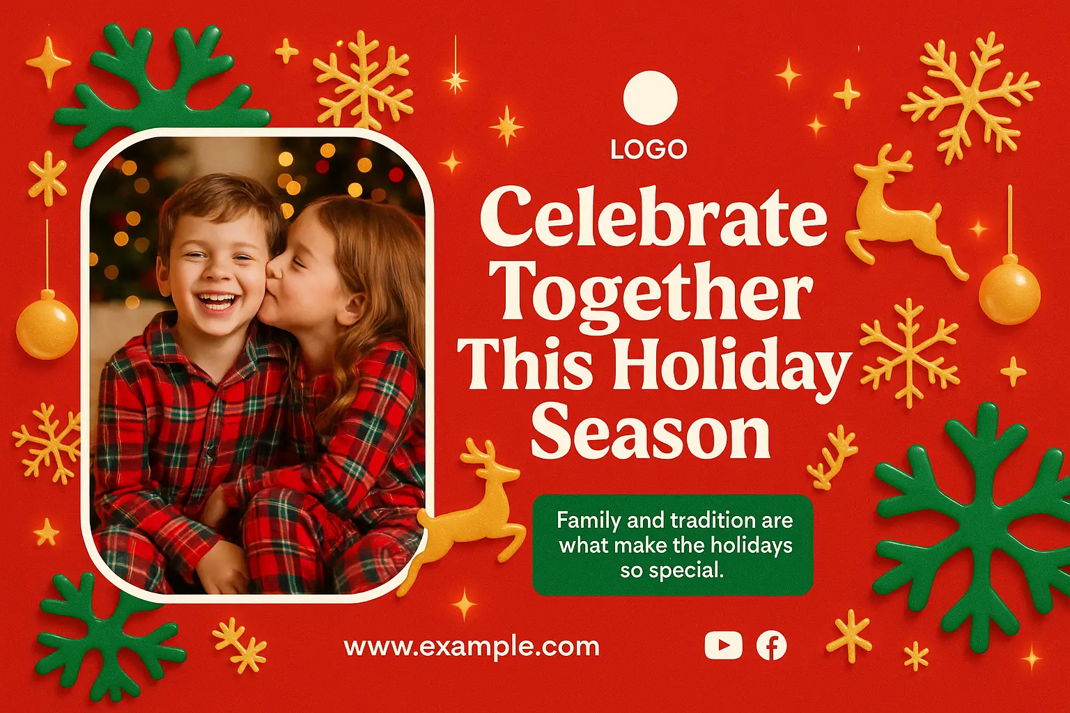 Christmas YouTube thumbnail template with festive kids and bold headline