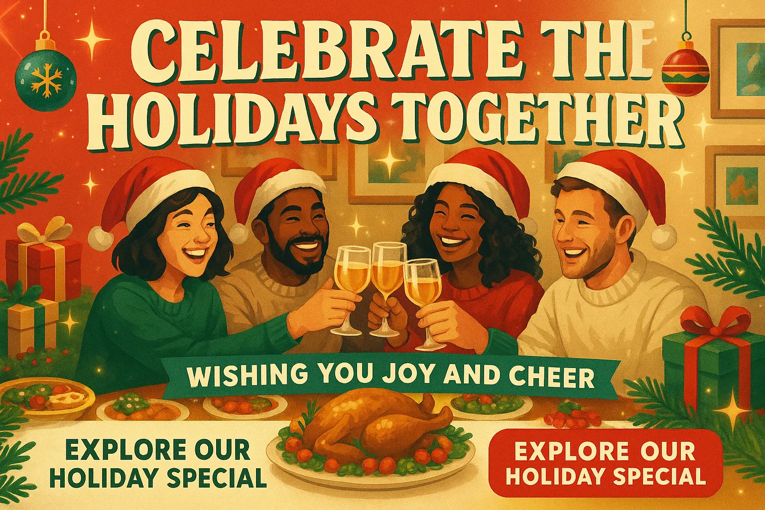 Christmas YouTube thumbnail template with friends celebrating and gifts