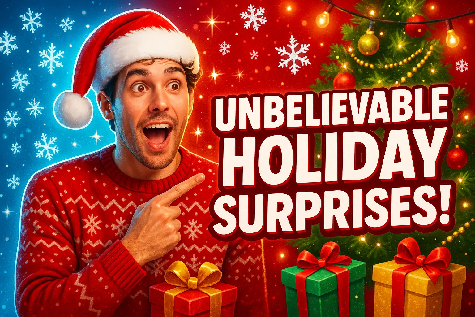 Cheerful man with gifts in Christmas YouTube thumbnail template