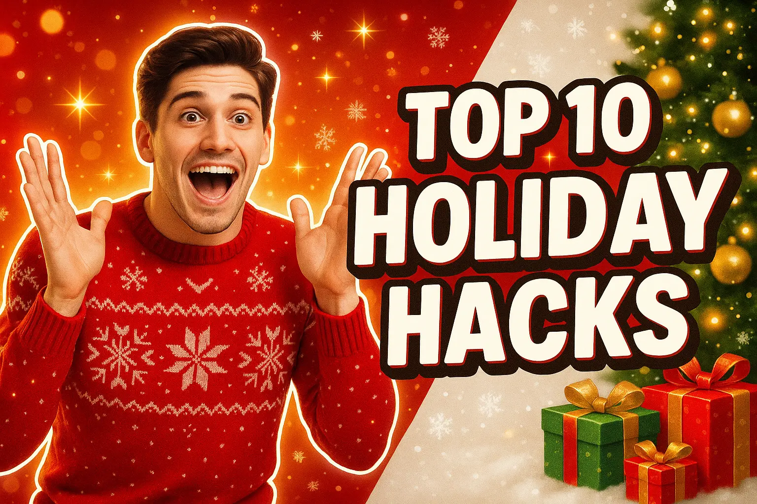 Christmas YouTube thumbnail template with excited man and festive text