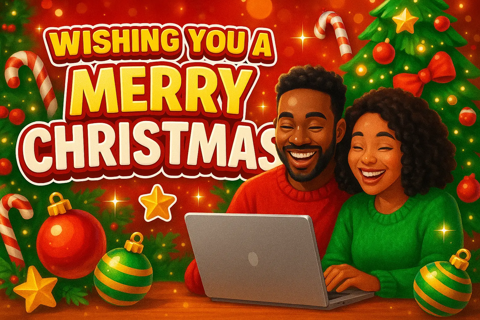 Christmas YouTube thumbnail template featuring a happy couple with laptop