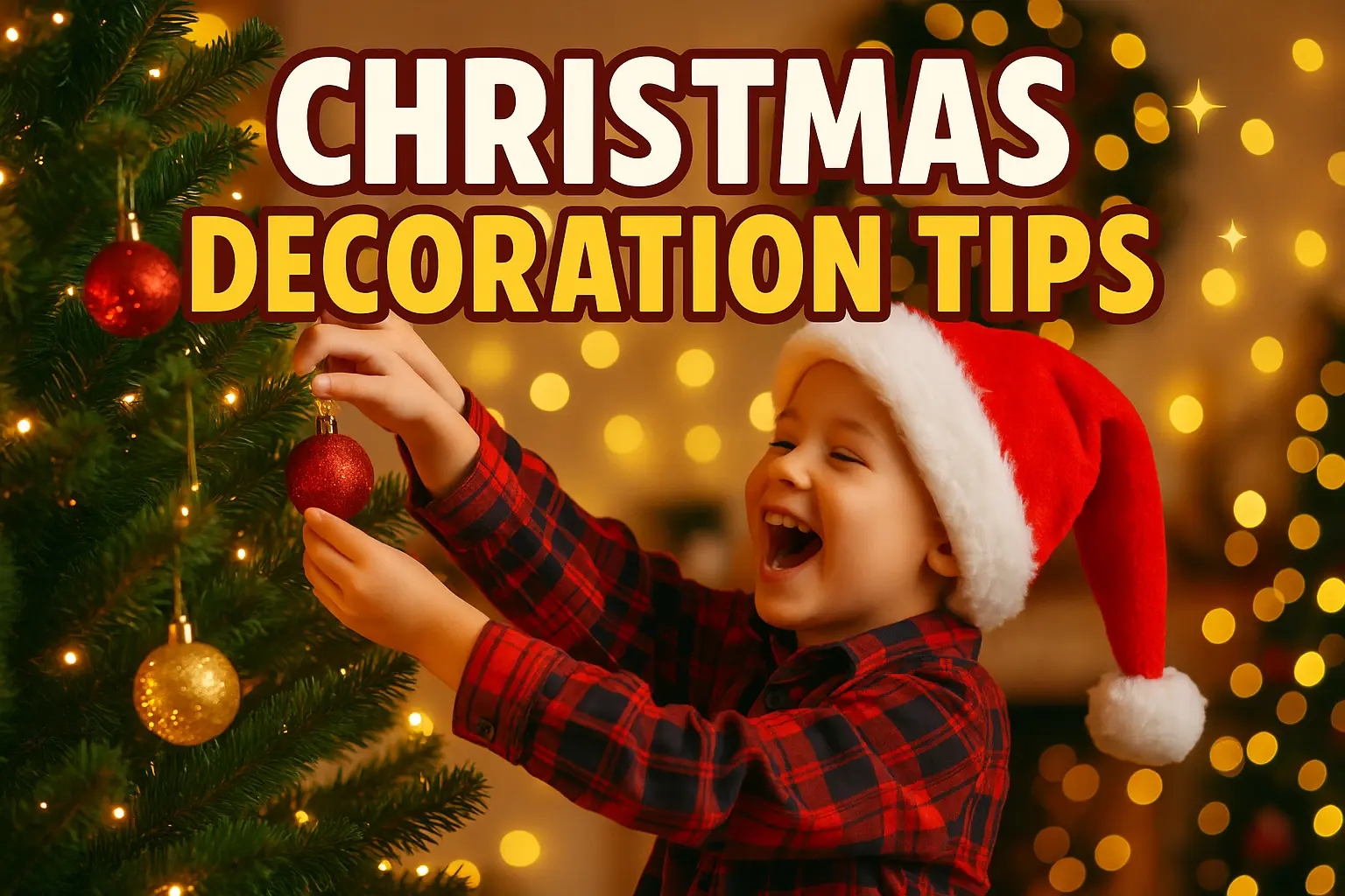 Christmas YouTube thumbnail template with child decorating a tree